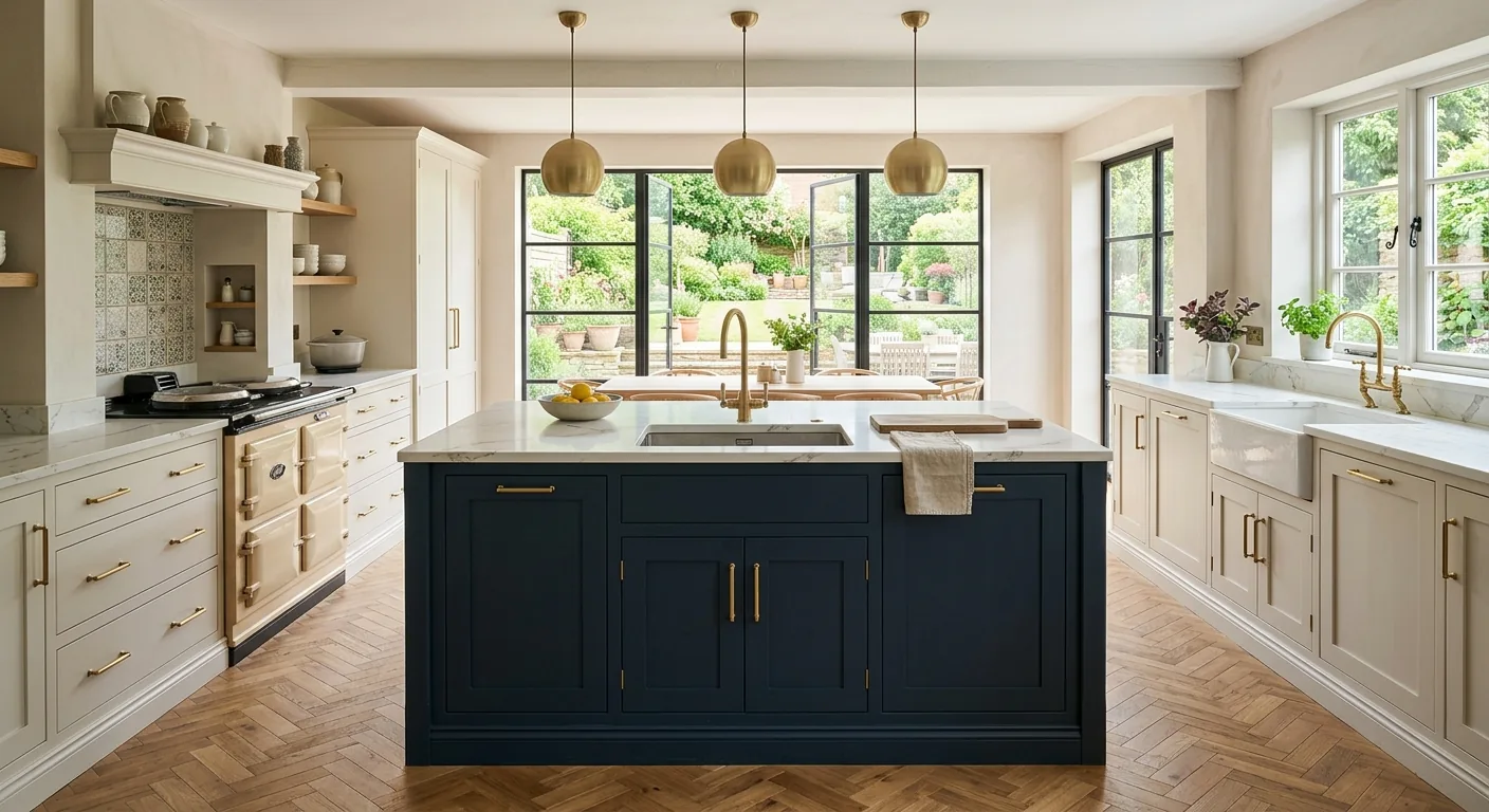 A bright hand-painted shaker kitchen with island and garden views